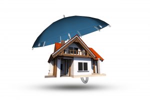 Home Insurance Coverage Abstract Illustration. Large Blue Umbrella Covering Single Family Home. 3D Illustration Isolated on White.