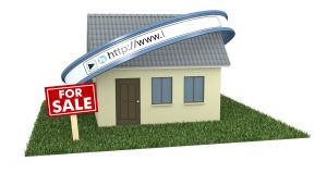 one house with a web address bar and a signboard with text: for sale, concept of real estate on the web (3d render)